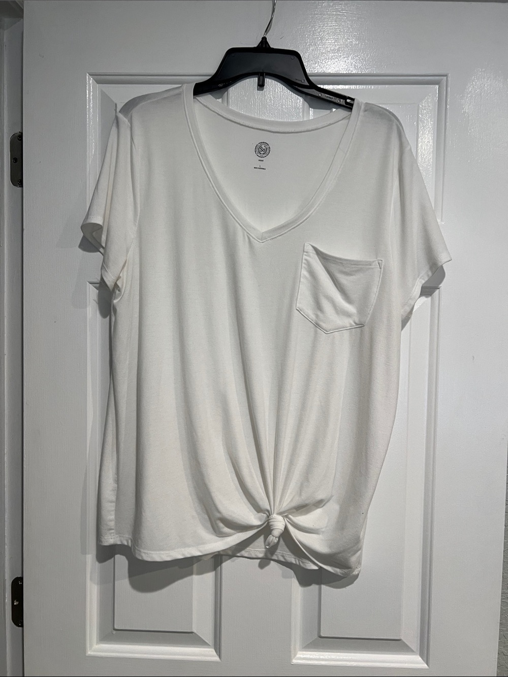 SO White V-Neck Knot Front Pocket Tee